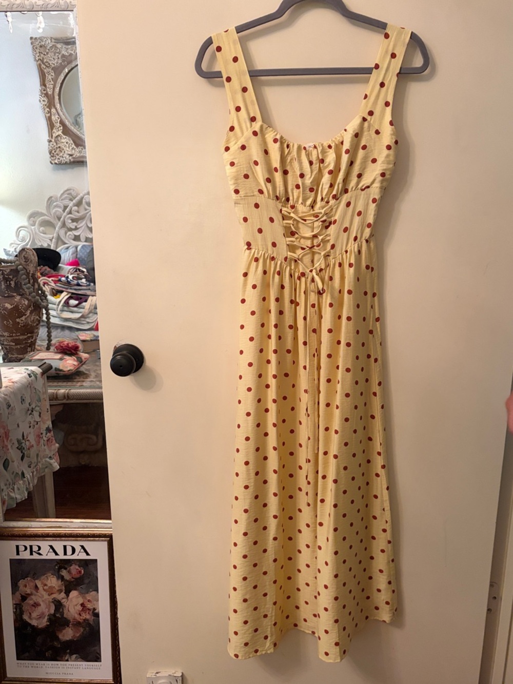 Persaya pastel Yellow Midi Dress with Crimson Polka Dots